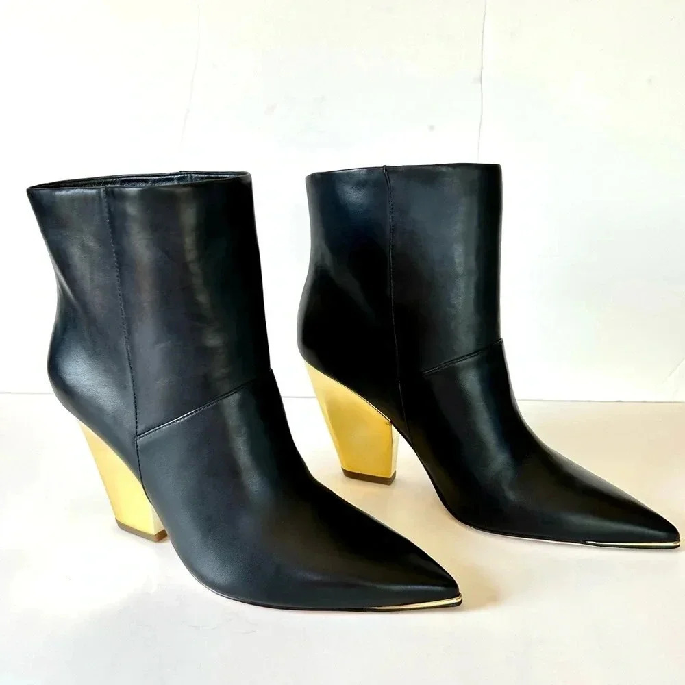 Tory Burch Lila Mirrored Gold Heel Black Leather Ankle Bootie 7.5 Fits 7 - Picture 2 of 11